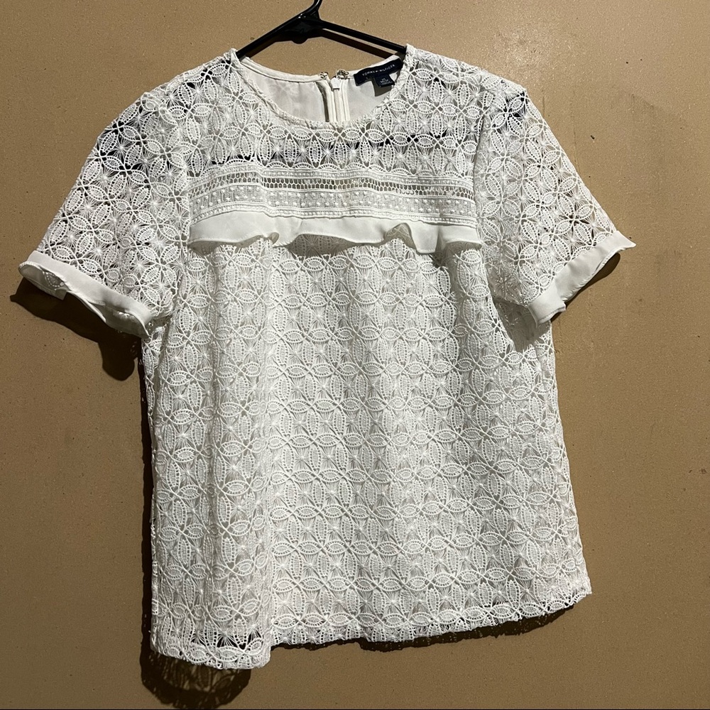 Tommy Hilfiger Size XS white islet cut lace flower modest top